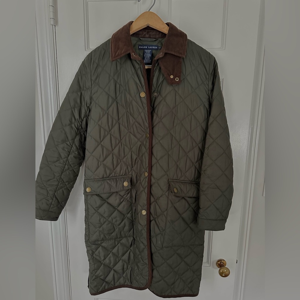 Ralph Lauren Women’s Green Quilted Coat with Brown Trim